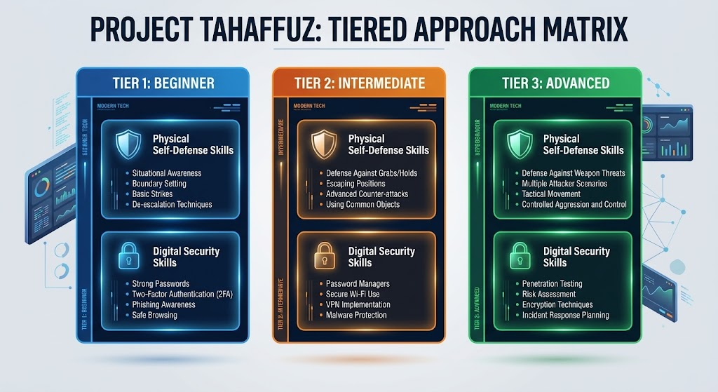 Islamic Self-defense: The Project Tahaffuz Tiered Approach Matrix, categorized into Beginner, Intermediate, and Advanced physical and digital skills.